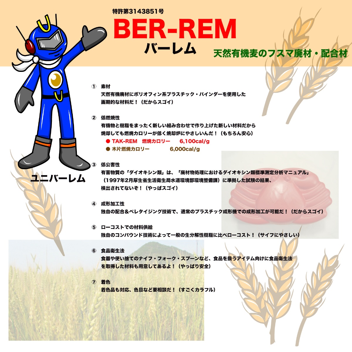 特許第3413851号BER-REMバーレム　天然有機麦のフスマ廃材・配合剤